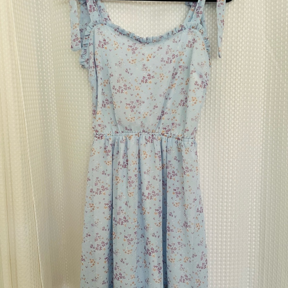 Floral Blue Dress with Ruffle Straps